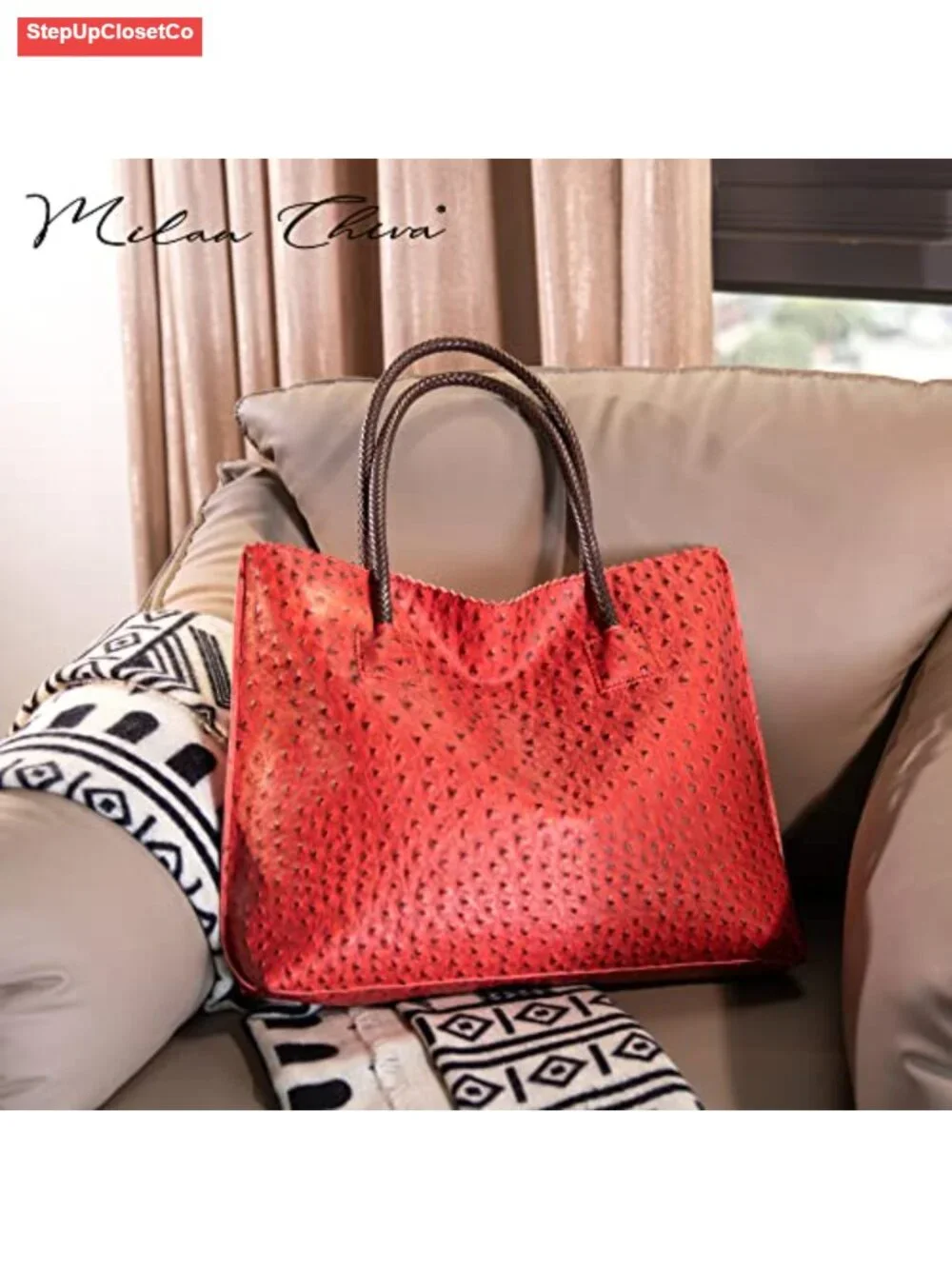 Large Ostrich Vegan Leather Tote Bag with Zipper Shoulder Purse for Women
